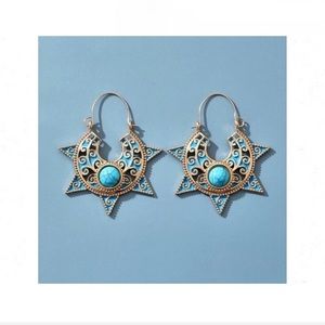 Sunburst Tribal Gold Etnic turquoise Moroccan earrings jewelry blue